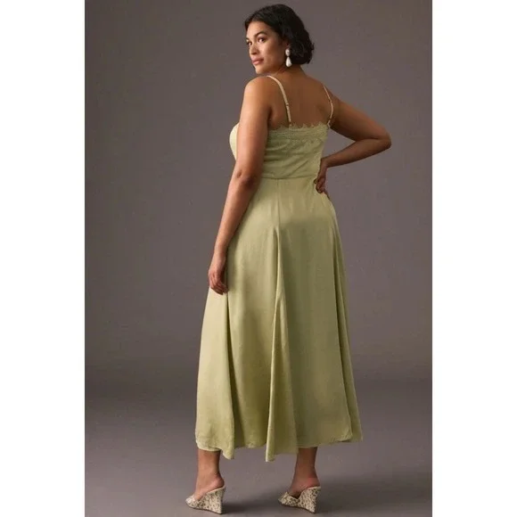 NWT Letmebe Anthropologie Sage Green Lace Trim Corset Midi Slip Dress Size M